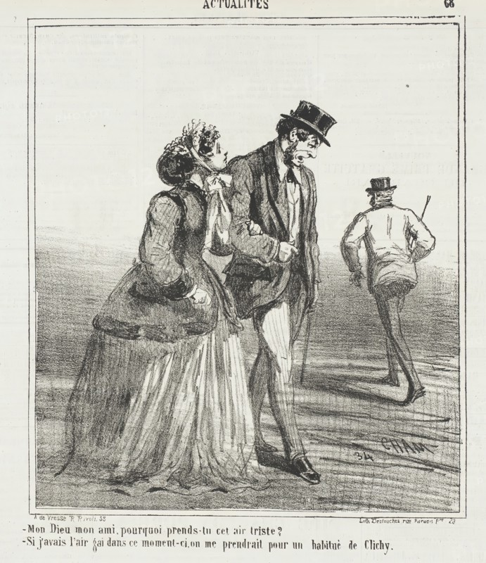 Mon Dieu, mon ami, pourquoi prends tu cet air triste? -Si j'avais l'air gai dans ce moment..., 1867. Creator: Cham.