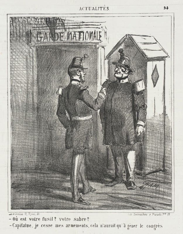 Guarde Nationale -Où est votre fusil? Votre sabre? -Capitaine, je cesse mes armements..., 1867. Creator: Cham.