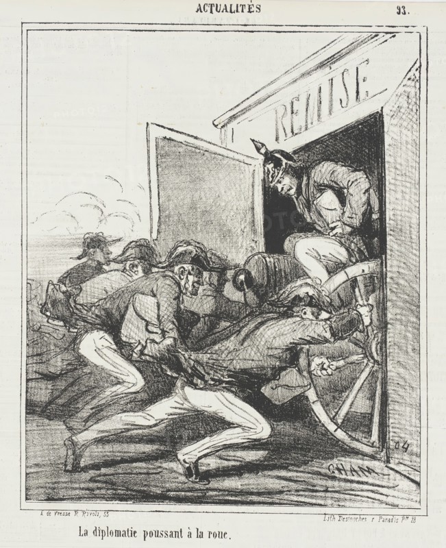 La Diplomatie poussant à la roue, 1867. Creator: Cham.