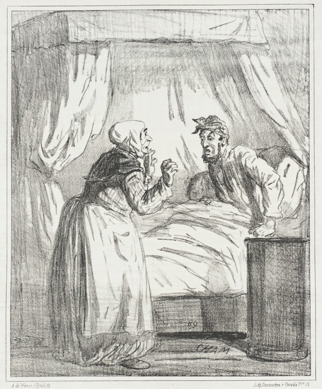 Je me sens malade! Allez chercher le médecin! -Oh monsieur! Je m'en garderais bien..., 1867. Creator: Cham.