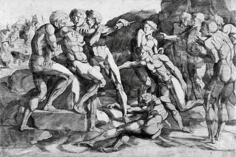 Ten Nude Men in a Landscape, 16th century. Creator: Domenico del Barbiere.