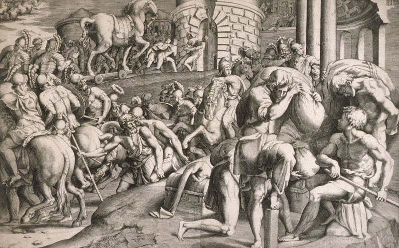The Trojans Pull the Wooden Horse into the City, 1545. Creators: Giulio Bonasone, Francesco Primaticcio.