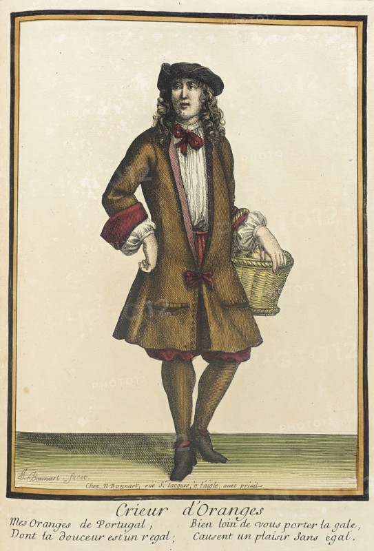 Recueil des modes de la cour de France, 'Crieur d'Oranges', after 1674. Creators: Jean-Baptiste Bonnart, Nicolas Bonnart.
