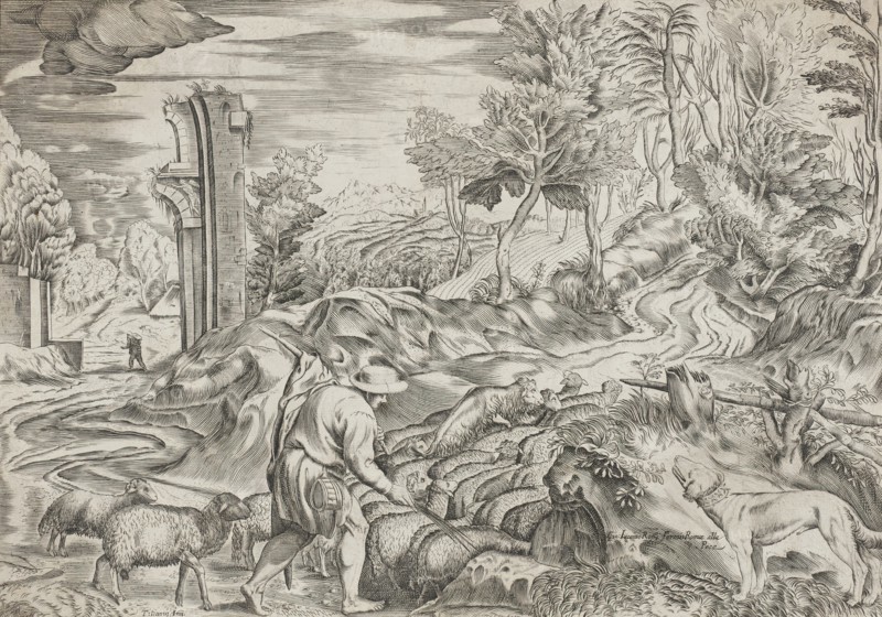 Landscape with Flock of Sheep and a Dog, 1560s - 1570s. Creator: Martino Rota.