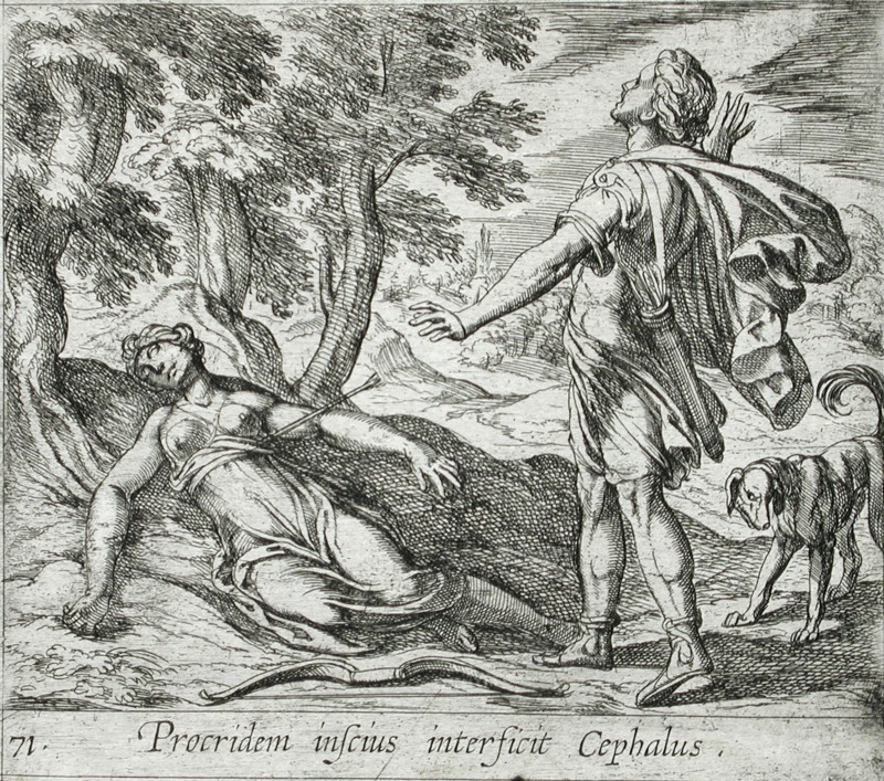 Procris Killed by Cephalus's Javelin, published 1606. Creators: Antonio Tempesta, Wilhelm Janson.
