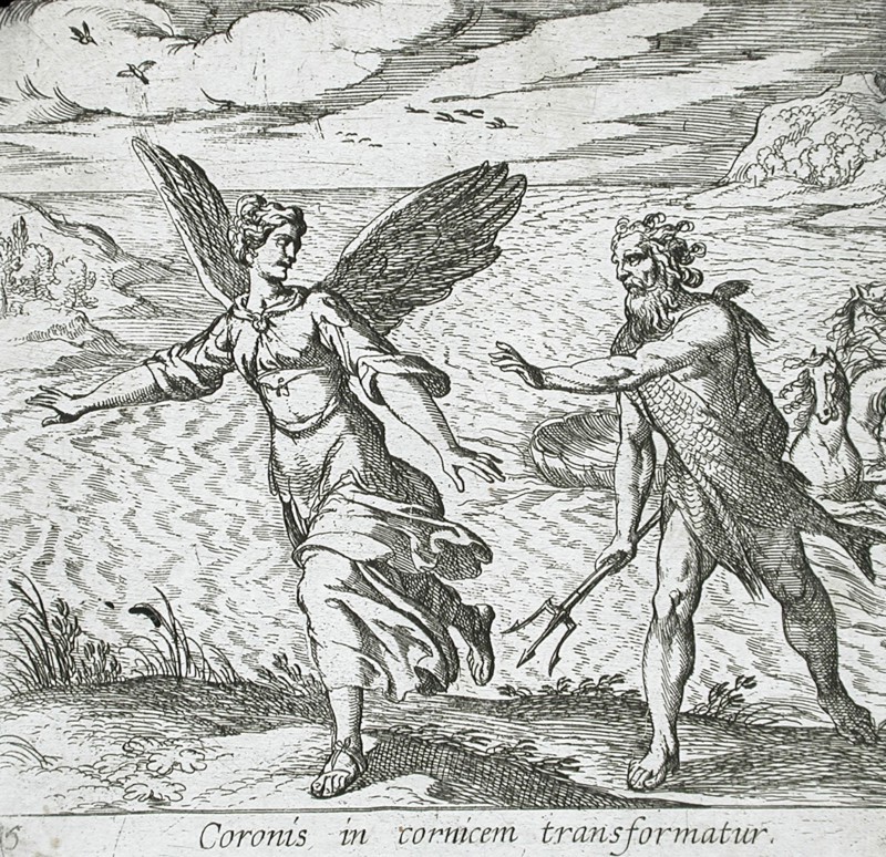 The Daughter of Coroneus Changed into a Crow, published 1606. Creators: Antonio Tempesta, Wilhelm Janson.