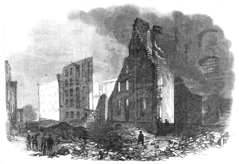 The Great Fire in Southwark: view from Cotton's Yard, showing the spot where Mr. Braidwood..., 1861. Creator: Unknown.