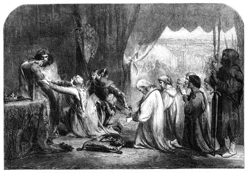 Queen Philippa interceding with her husband Edward III. for the Burgesses of Calais..., 1861. Creator: W Thomas.
