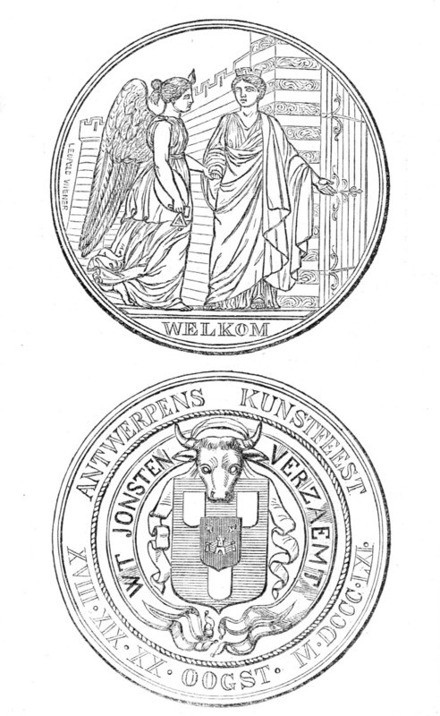 Medal struck by the City of Antwerp in commemoration of the Art Fetes, August, 1861. Creator: Unknown.