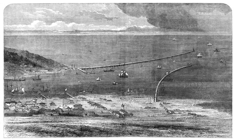Birdseye view of the Sulina mouth of the Danube, showing the works of improvement lately..., 1861. Creator: Unknown.