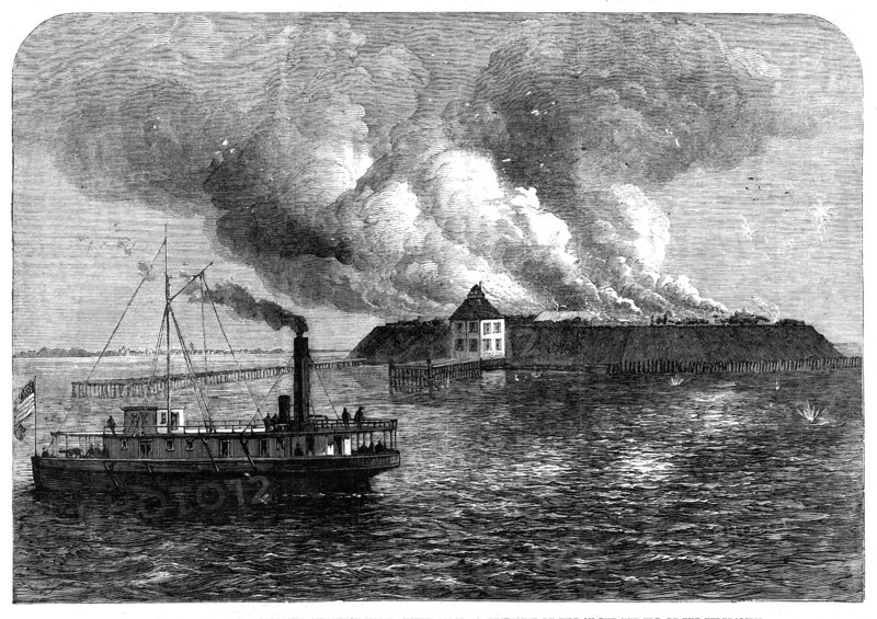 The War in America: Fort Ocracoke, on Beacon Island, North Carolina, destroyed by fire on..., 1861. Creator: Unknown.