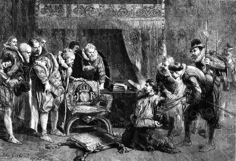 The Gunpowder Plot: Guy Fawkes being interrogated by James I. and his council in the King's..., 1861 Creator: Unknown.