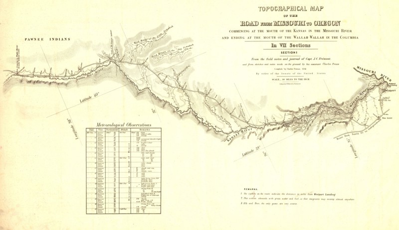 Topographical map of the road from Missouri to Oregon, commencing at the mouth of the Kansas...,1846 Creators: John C Fremont, Charles Preuss.