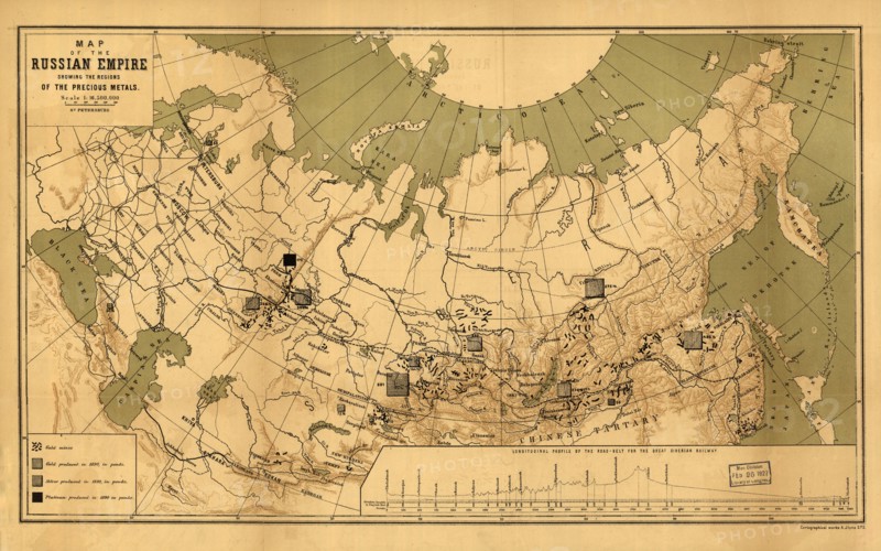 Map of the Russian Empire showing the regions of the precious metals, 1890. Creator: A. Jlyne.