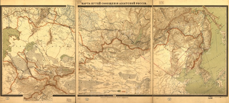 Wall map showing Russian railroads, navigable rivers, highways, and shipping routes, 1901. Creator: Unknown.