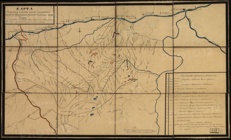 Map showing gold-mining concessions along rivers in the Olekminsk region, Siberia, Russia, 1853.  Creator: Unknown.