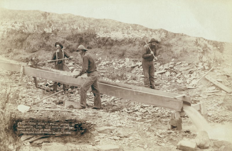 Gold Dust Placer mining at Rockerville, Dak Old timers, Spriggs, Lamb and Dillon at work, 1889. Creator: John C. H. Grabill.