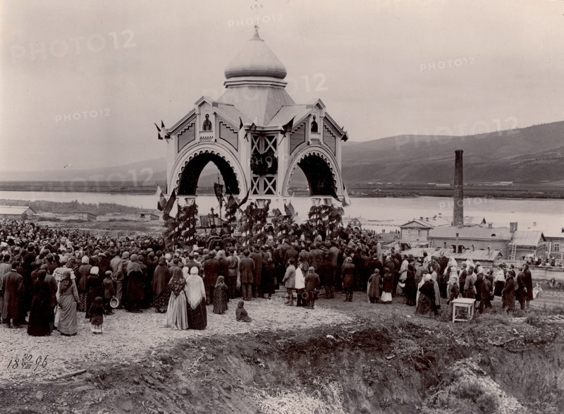 A prayer service at the laying of a railway bridge over the Yenisei River, 1896. Creator: IR Tomashkevich.