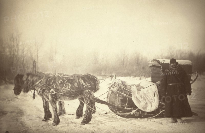 A Siberian posting sledge on a cold morning, with GK [ie, George Kennan]..., between 1885 and 86. Creator: George Albert Frost.