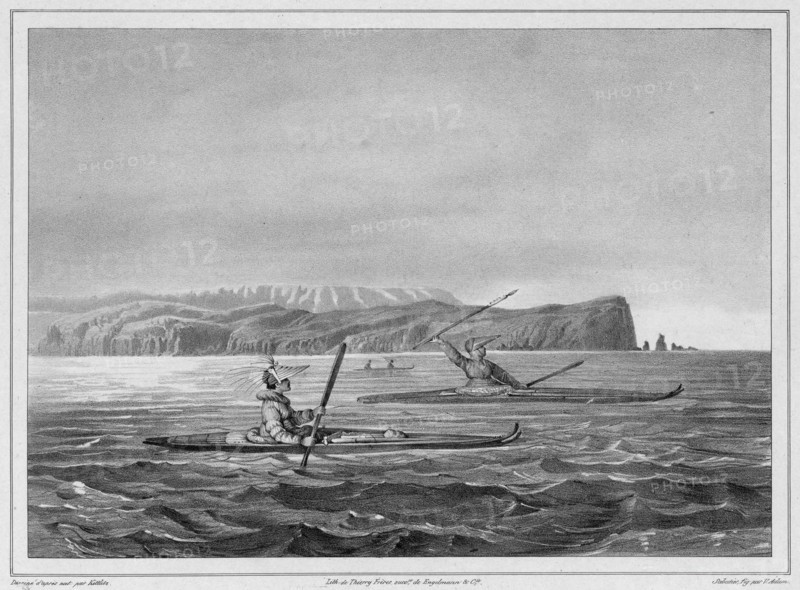 Inhabitants of Ounalacheka with their canoes (Aleutian Islands), 19th century. Creators: Friedrich Heinrich Kittlitz, Victor Adam, Godefroy Engelmann, Leon Jean-Baptiste Sabatier.
