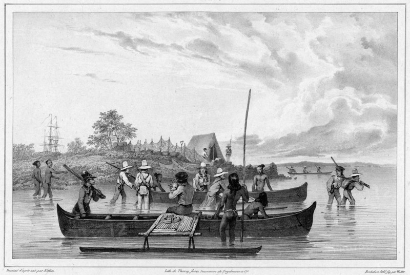 Departure for an excursion to the island of Ualan (the Carolinas), 19th century. Creators: Friedrich Heinrich Kittlitz, Godefroy Engelmann, Emile-Charles Wattier.