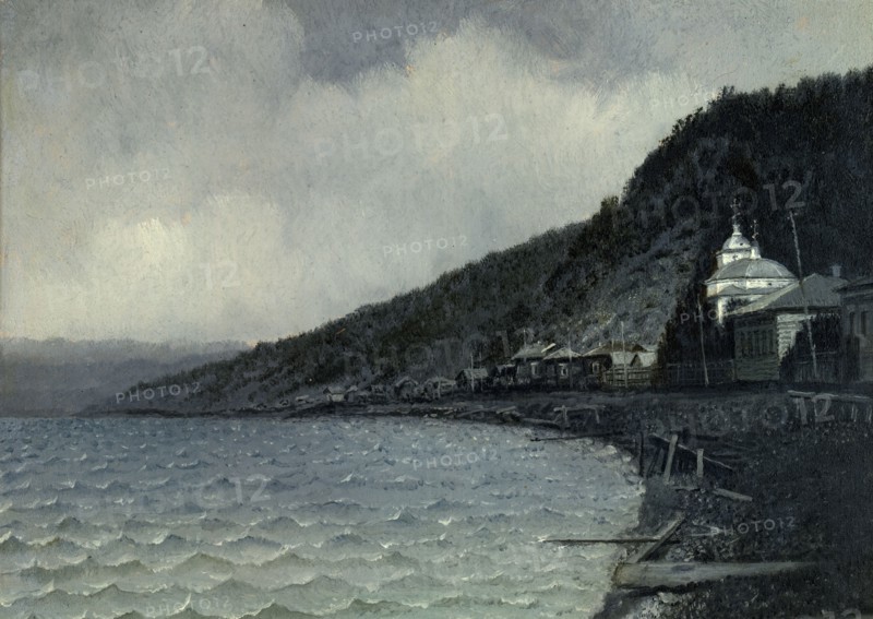 View of the Listvennichnoe Village and Lake Bailkal, 1880-1897. Creator: Pavel Mikhailovich Kosharov.