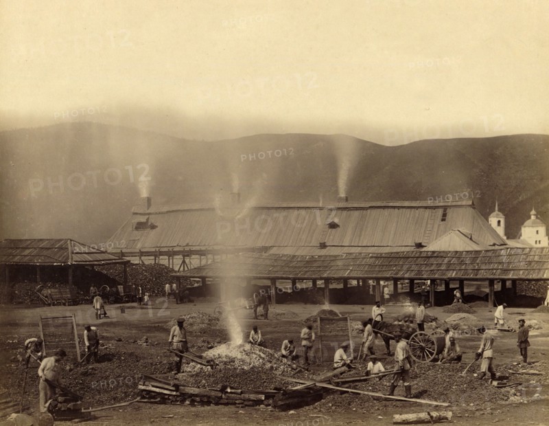Hard Labor Convicts Roasting Ore in the Yard of the Kutomara Plant, 1891. Creator: Aleksei Kuznetsov.