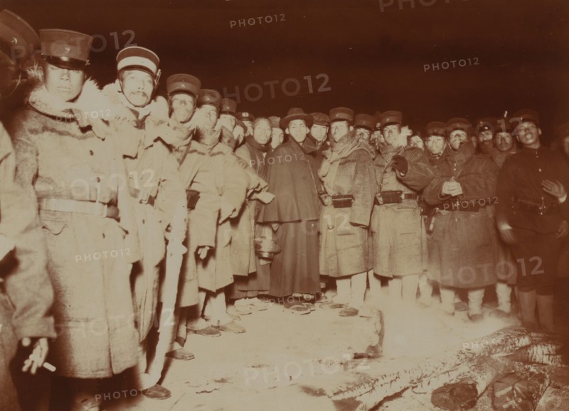 Flashlight - Jap soldiers at Chemulpo, after naval battle, standing around bonfire, c1904. Creator: Robert Lee Dunn.