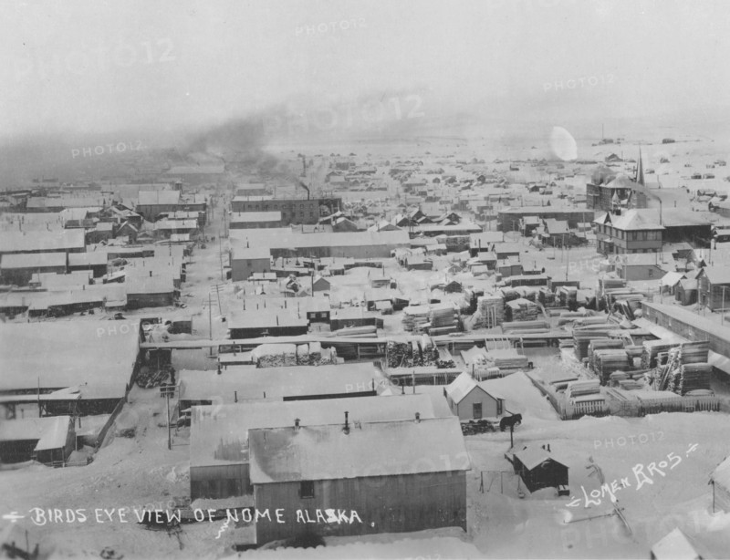 Bird's eye view of Nome with snow, between c1900 and c1930. Creator: Lomen Brothers.