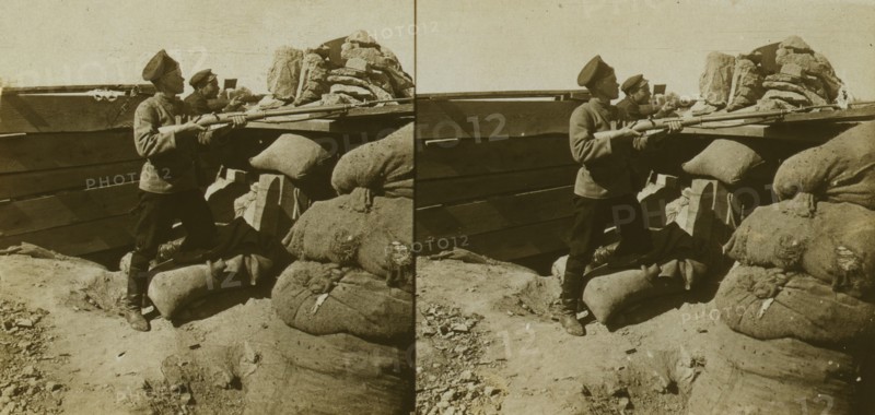 Inside a Russian fort during the siege - shell marks around a dummy gun - Port Arthur, c1905. Creator: Underwood & Underwood.
