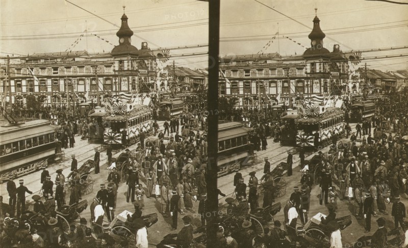 Crowds on a Tokyo street, near the train station(?), during the celebration of Admiral..., c1905. Creator: Underwood & Underwood.