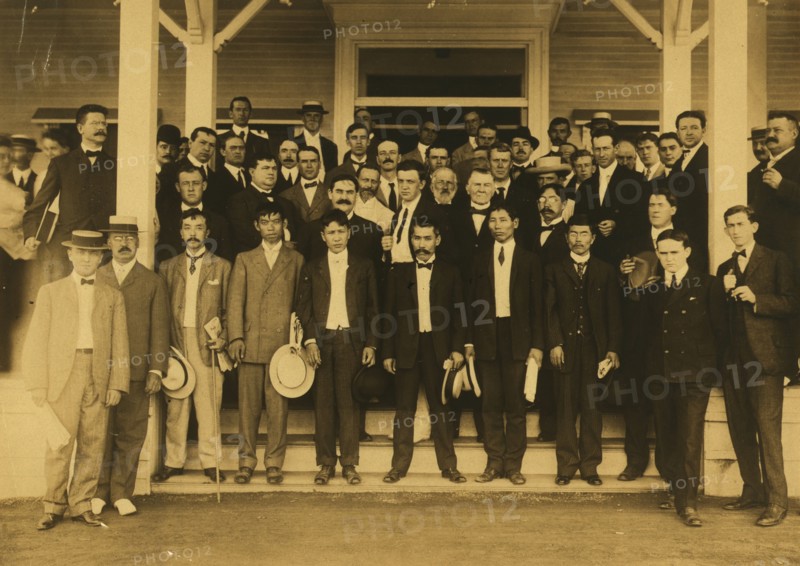 Japanese, Russian, French, German, American and English newspaper correspondents at Portsmouth, 1905 Creator: Unknown.