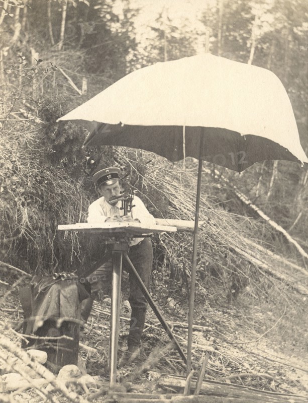 The moment of shooting with a mensula on a forest slope, 1909. Creator: Vladimir Ivanovich Fedorov.