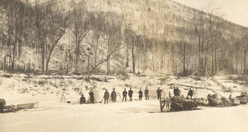 View of the caravan (camp) of the exploration party on the ice of the Zeya River, 1909. Creator: Vladimir Ivanovich Fedorov.