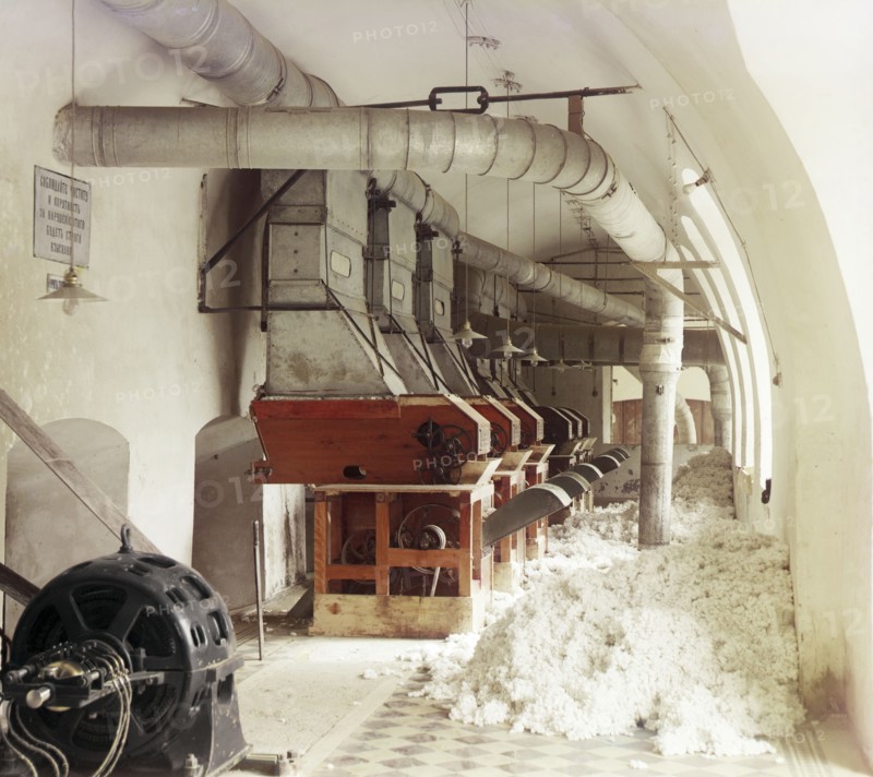 Cotton textile mill interior, probably in Tashkent, between 1905 and 1915. Creator: Sergey Mikhaylovich Prokudin-Gorsky.
