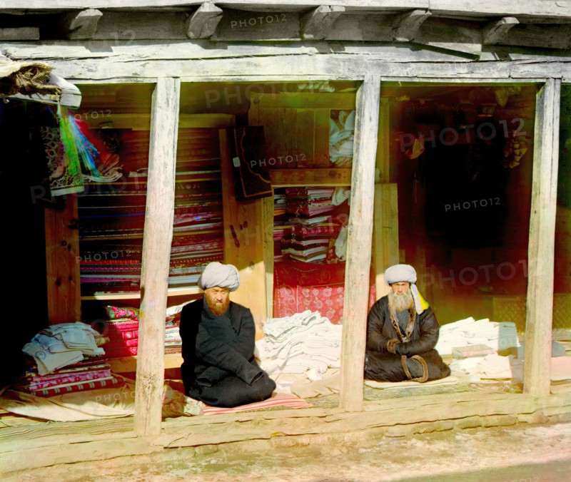 Fabric merchants in the Registan, Samarkand, between 1905 and 1915. Creator: Sergey Mikhaylovich Prokudin-Gorsky.