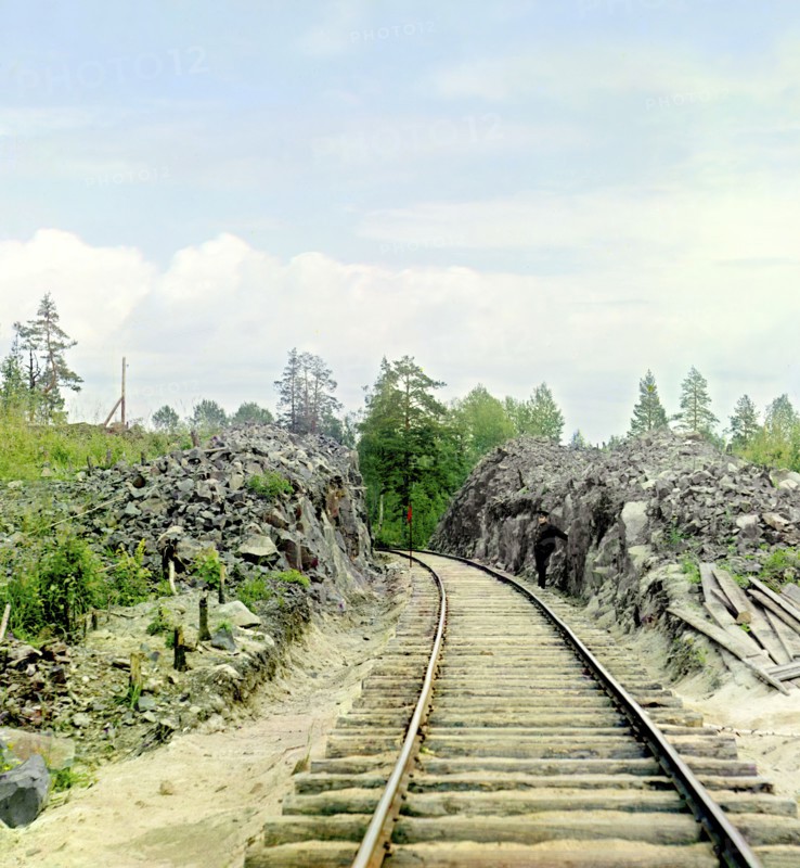 Man standing beside railroad tracks, between 1905 and 1915. Creator: Sergey Mikhaylovich Prokudin-Gorsky.