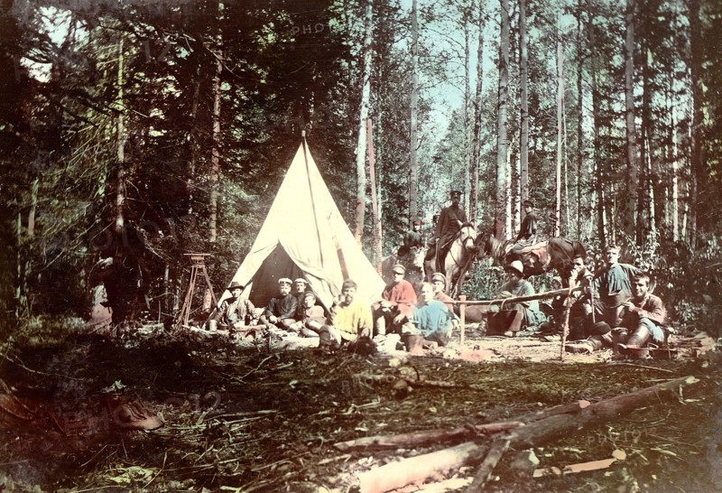 Road Surveying Party in the Tomsk Region, 1906-1908. Creator: Dorozhno-Stroitel'nyi Otdel.