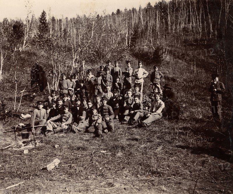 A group of Irkutsk high school students on an excursion in the forest, 1900. Creators: I. A. Podgorbunskii, V. I. Podgorbunskii.