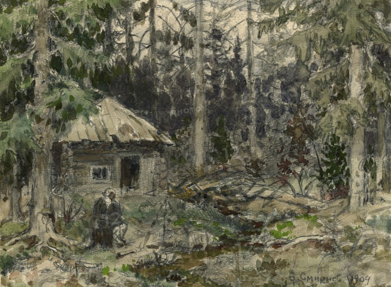 Hut in the Krasnoyarsk Taiga during a Stay by the Artist, 1904. Creator: Boris Vasilievich Smirnov.