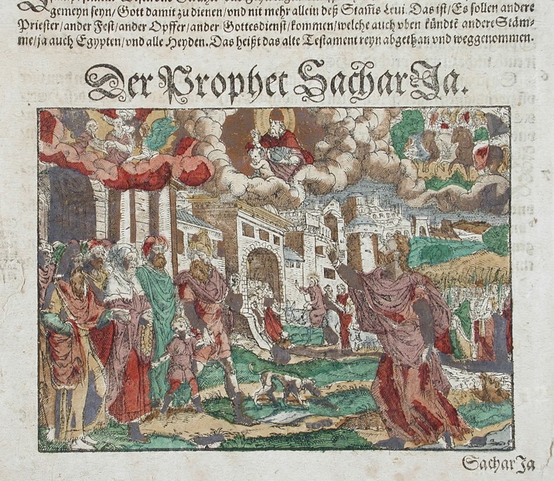 Zechariah's Vision: Christ's Entry into Jerusalem in the Background, 16th century. Creator: Jost Ammon.