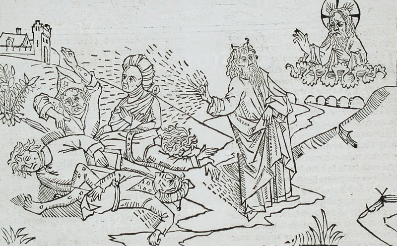 God Sends the Flies to Egypt (recto); God Sends Boils to Egypt (verso), published 1483. Creator: Unknown.