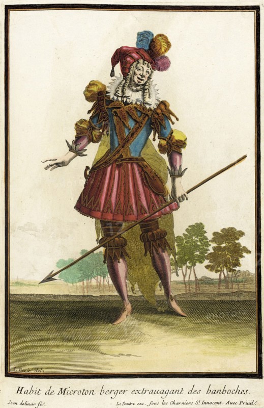 Recueil des modes de la cour de France, 'Habit de Microton Berger Extravagant des..., 1703-1704. Creators: Jacques Le Pautre, Jean Doliver, Jean Berain.