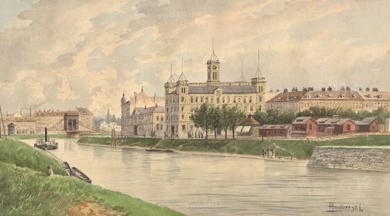 The Weissgärber Lände in Vienna with the Danube steamship building, 1895. Creator: Vincenz Havlicek.