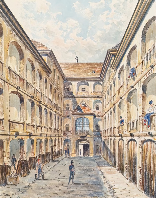 The first courtyard of the Salzgries barracks in Vienna, 1880. Creator: Emil Hutter.