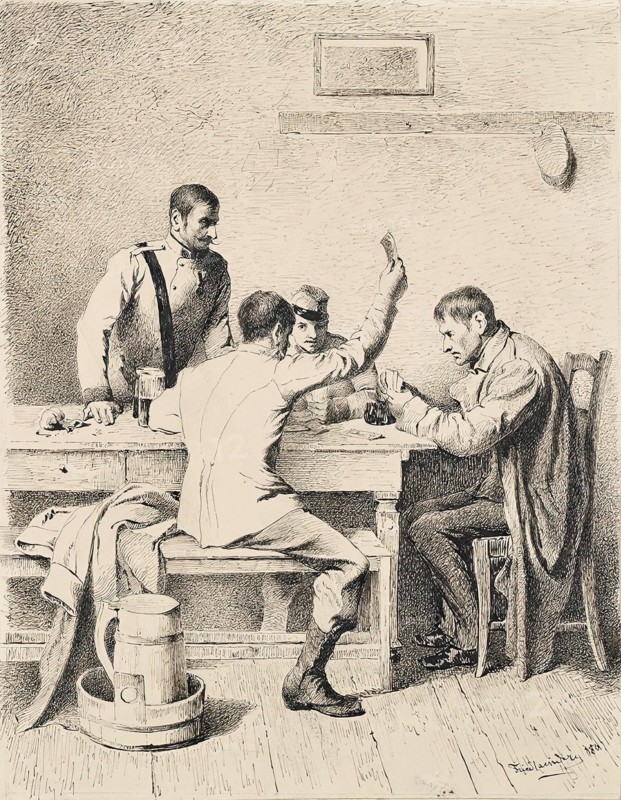 Soldiers playing cards, 1880. Creator: Friedrich Friedlaender.