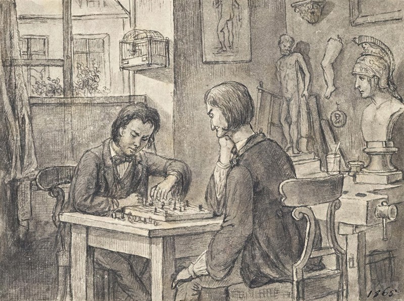 The chess players in the sculptor's studio, around 1870. Creator: Joseph Eugen Horwarter.