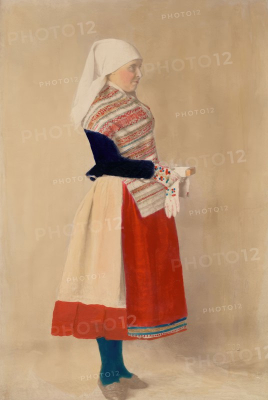 Woman dressed in folk costume, holiday costume from northern Öland, 1880-1907. Creator: Helene Edlund.