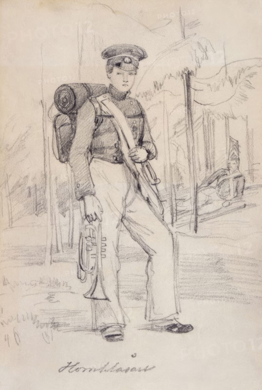 Horn Blower. Young soldier with pack and instruments. (c1850s). Creator: Fritz von Dardel.