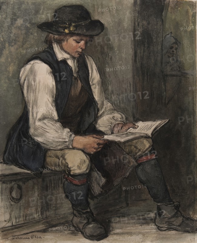Boy sits and reads in a book, 1860-1890. Creator: Carl Gustaf Hellqvist.